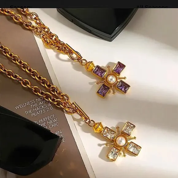 Crystal Pearl Cross Pendant Necklace Stainless Steel Gold Plated - Picture 9 of 9